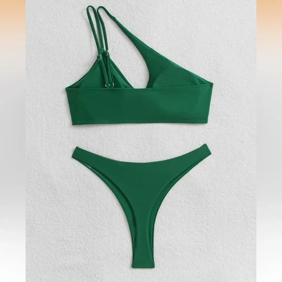 NWOT Sexy Brazilian Thong Bikini Sets High Cut Leg Rise One Shoulder Green Large - Picture 6 of 8